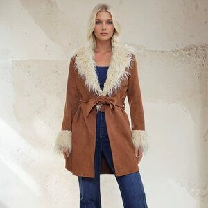 Boho Penny Lane Faux Suede Fur Trim Coat 🧥 | Lightweight | Festival Western Vib